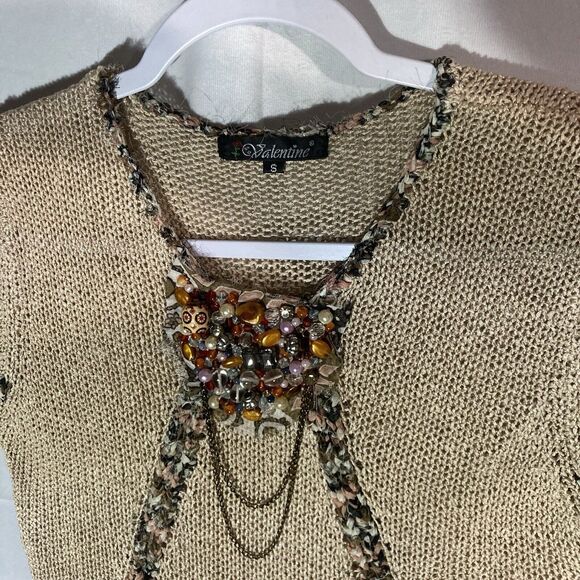 VALENTINE tan brown beaded cap sleeve acrylic nylon sweater top S - Picture 2 of 8